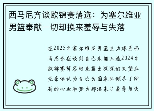 西马尼齐谈欧锦赛落选：为塞尔维亚男篮奉献一切却换来羞辱与失落